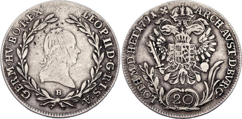 Austria 20 Kreuzer 1791 B

KM# 2097, N# 33553; Silver 6.68 g.; Leopold II; Kre...