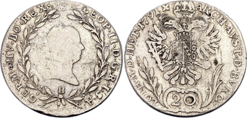 Austria 20 Kreuzer 1791 H

KM# 2097, N# 33553; Silver 6.68 g.; Leopold II; Gun...