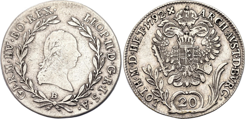 Austria 20 Kreuzer 1792 B

KM# 2097, N# 33553; Silver 6.68 g.; Leopold II; Kre...