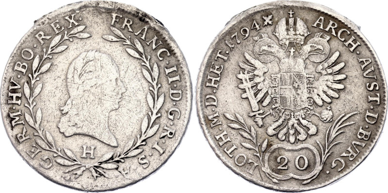 Austria 20 Kreuzer 1794 H

KM# 2139, N# 22610; Silver 6.68 g.; Franz II; Gunzb...