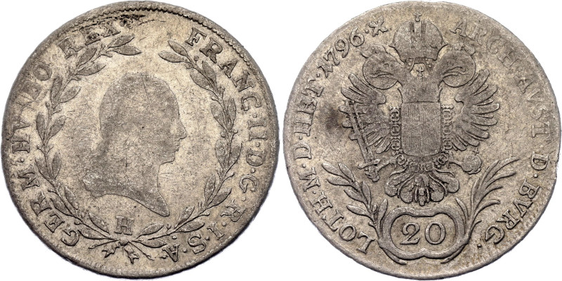 Austria 20 Kreuzer 1796 H

KM# 2139, N# 22610; Silver; Franz II; Gunzburg Mint...