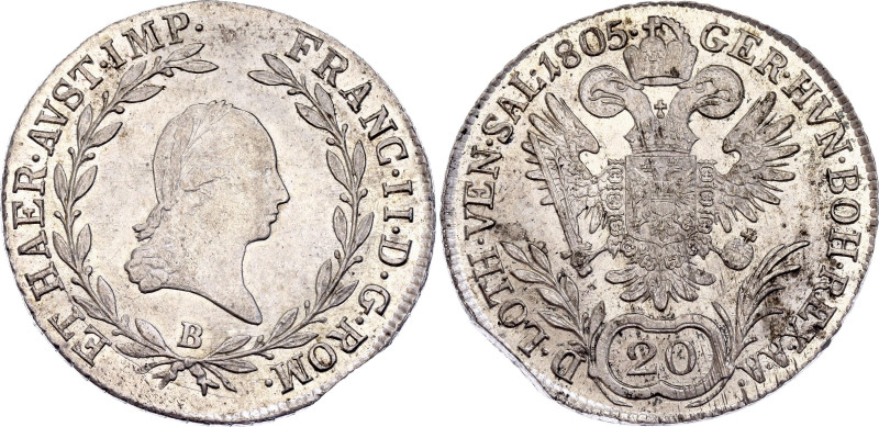 Austria 20 Kreuzer 1805 B Clipped Error

KM# 2140, N# 7076; Silver 6.68 g.; Fr...