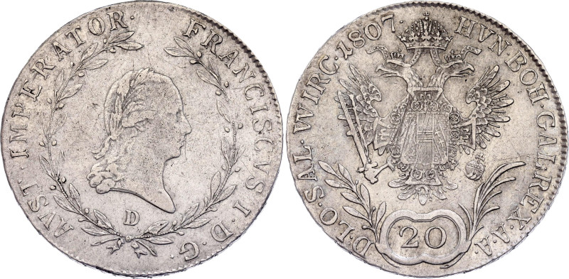 Austria 20 Kreuzer 1807 D

KM# 2141, N# 18835; Silver 6.68 g.; Franz I; Salzbu...