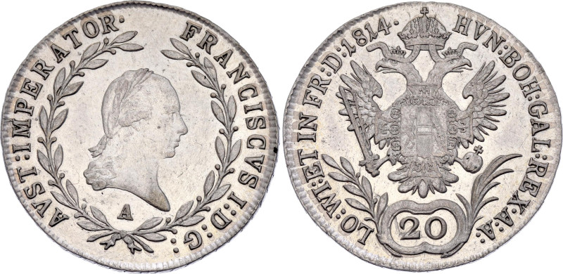 Austria 20 Kreuzer 1814 A

KM# 2142, N# 33676; Silver 6.68 g.; Franz I; Vienna...