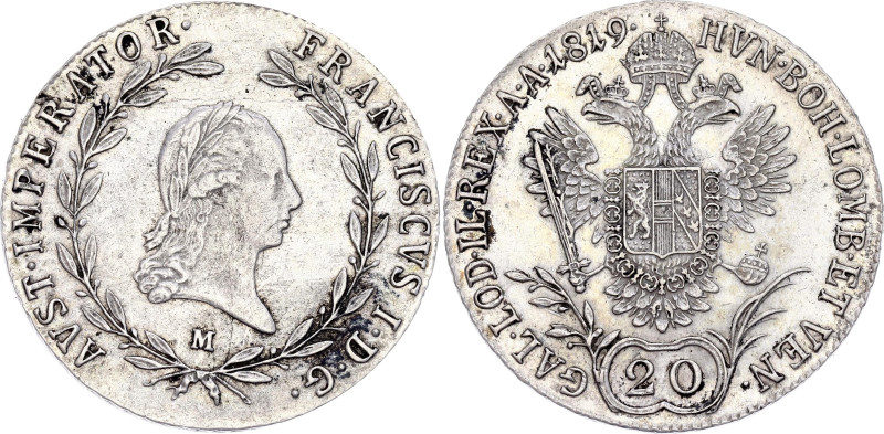 Austria 20 Kreuzer 1819 M

KM# 2143, N# 19931; Silver 6.68 g.; Franz I; Milan ...