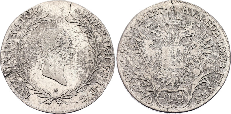 Austria 20 Kreuzer 1827 E

KM# 2144, N# 22621; Silver; Franz I; Karlsburg Mint...