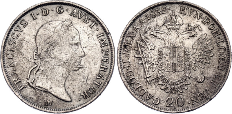 Austria 20 Kreuzer 1832 M

KM# 2147, N# 14712; Silver 6.68 g.; Franz I; Milan ...