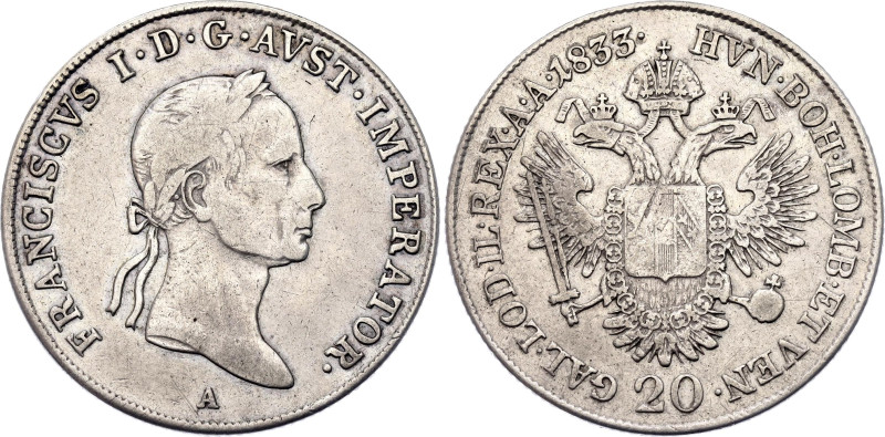 Austria 20 Kreuzer 1833 A

KM# 2147, N# 14712; Silver 6.68 g.; Franz I; Vienna...