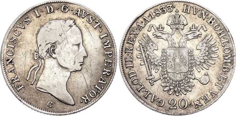 Austria 20 Kreuzer 1833 C

KM# 2147, N# 14712; Silver 6.68 g.; Franz I; Prague...