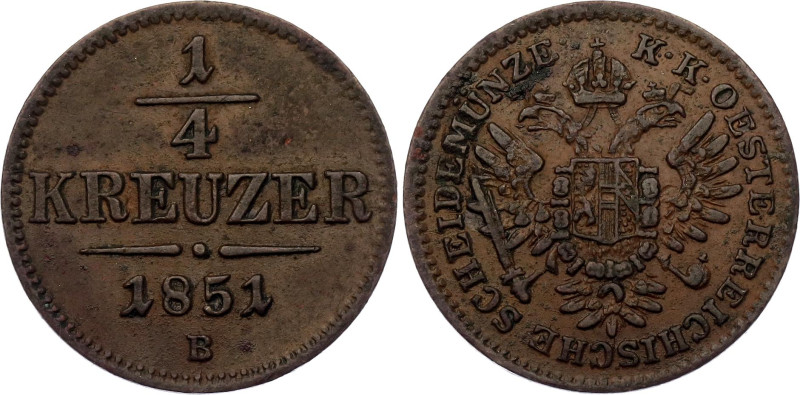 Austria 1/4 Kreuzer 1851 B

KM# 2180, N# 11525; Copper; Franz Joseph I; XF+