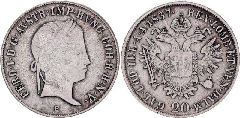 Austria 20 Kreuzer 1837 E

KM# 2208, N# 18459; Silver 6.68 g.; Ferdinand I; Ka...