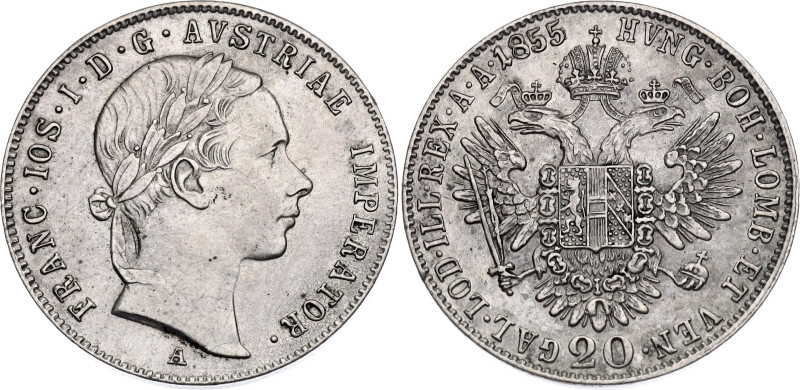 Austria 20 Kreuzer 1855 A

KM# 2211, N# 7094; Silver 4.32 g.; Franz Joseph I; ...