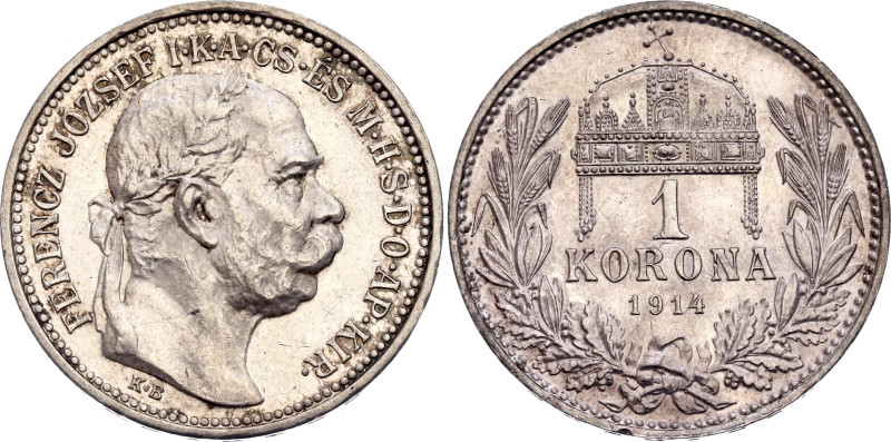 Hungary 1 Korona 1914 KB

KM# 492, N# 12865; Silver 4.99 g.; Franz Joseph I; K...