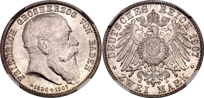 Germany - Empire Baden 2 Mark 1907 NGC MS64

KM# 278, J# 36, N# 16297; Silver ...