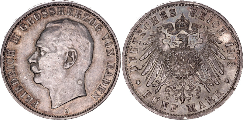 Germany - Empire Baden 5 Mark 1913 G

KM# 281, J# 40, N# 26473; Silver 27.79 g...