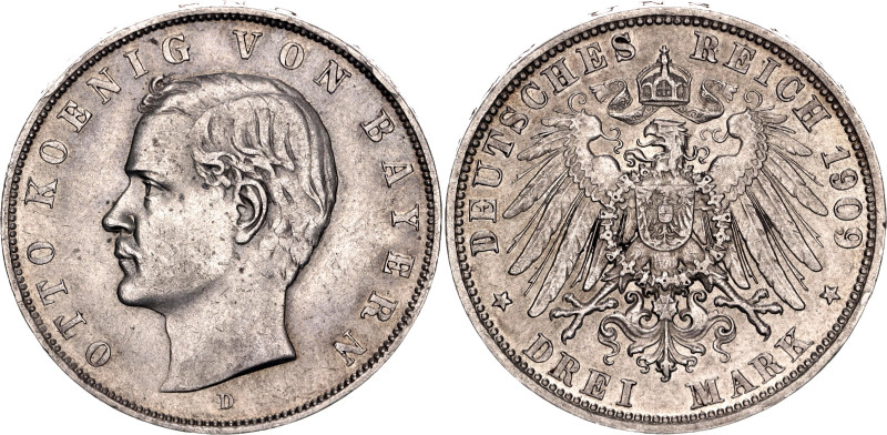 Germany - Empire Bavaria 3 Mark 1909 D

KM# 996, J# 47, N# 7937; Silver 16.63 ...