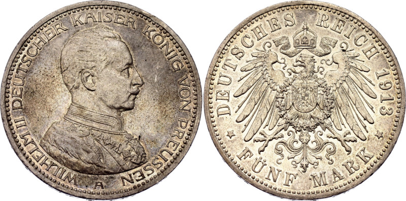 Germany - Empire Prussia 5 Mark 1913 A

KM# 536, N# 4714; Silver 27.79 g.; Wil...