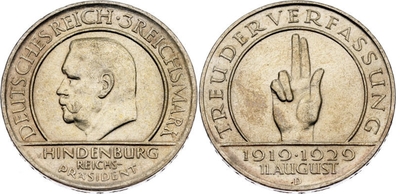 Germany - Weimar Republic 3 Reichsmark 1929 D

KM# 63, J. 340, N# 15904; Silve...