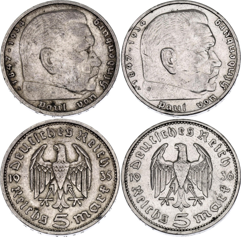 Germany - Third Reich 2 x 5 Reichsmark 1935 - 1936 A

KM# 86, N# 2544; Silver....