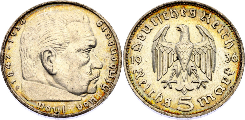 Germany - Third Reich 5 Reichsmark 1936 F

KM# 86, AKS# 27, N# 2544; Silver 13...