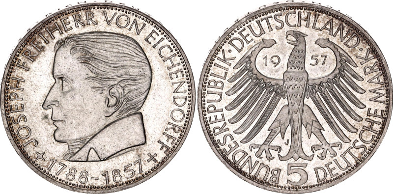 Germany - FRG 5 Deutsche Mark 1957 J

KM# 117, J# 391, N# 10076; Silver 11.28 ...