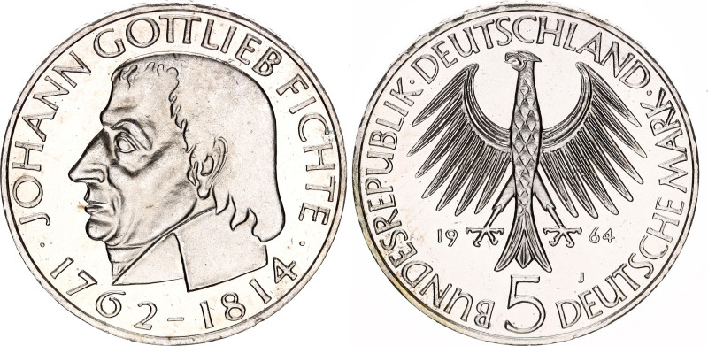 Germany - FRG 5 Deutsche Mark 1964 J

KM# 118, J. 393, N# 10077; Silver 11.2 g...