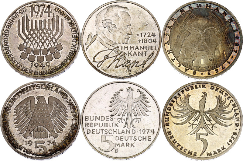 Germany - FRG 3 x 5 Deutsche Mark 1974 - 1978

KM# 138, 139, 148; Silver., Tot...