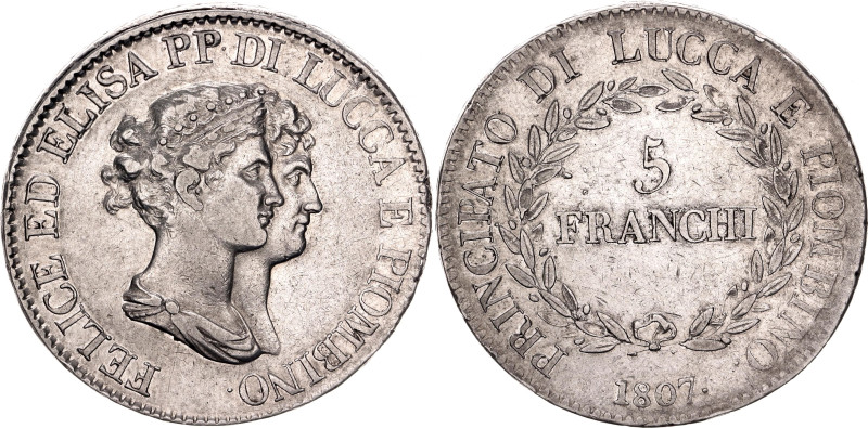 Italian States Lucca 5 Franchi 1807

KM# 24.3, N# 17810; Silver 24.86 g.; Feli...