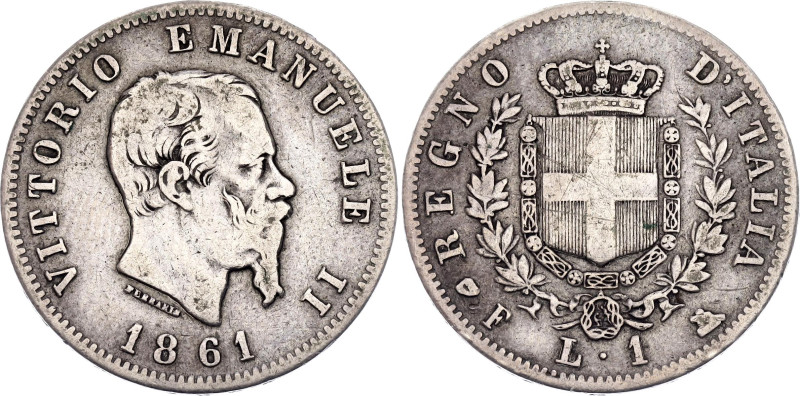 Italy 1 Lira 1861 F

KM# A5, N# 46331; Silver 4.79 g.; Vittorio Emanuele II; F...