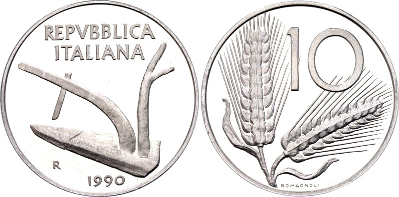 Italy 10 Lire 1990 R

KM# 93, Schön# 93, N# 728; Aluminium., Proof; Rome Mint;...