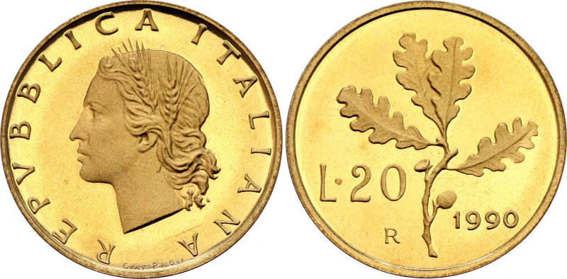 Italy 20 Lire 1990 R

KM# 97.2, Schön# 94a, N# 1113; Bronzital., Proof; Rome M...