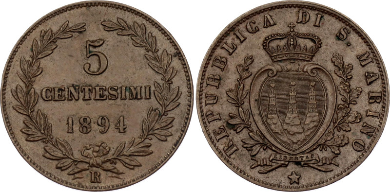 San Marino 5 Centesimi 1894 R

KM# 1, N# 4248; Copper; Rome Mint; UNC with a n...