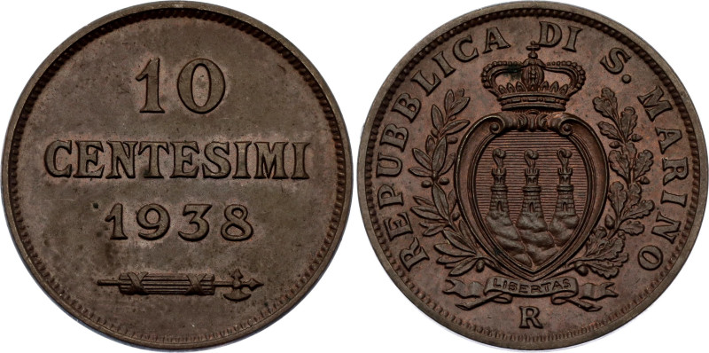 San Marino 10 Centesimi 1938 R

KM# 13, N# 11822; Bronze; Rome Mint; UNC