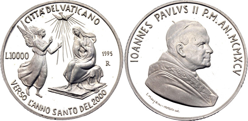 Vatican 10000 Lire 1995 R

KM# 260, N# 52308; Silver 21.96 g., Proof; John Pau...