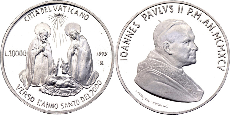 Vatican 10000 Lire 1995 R

KM# 261, N# 52309; Silver 22.07 g., Proof; John Pau...