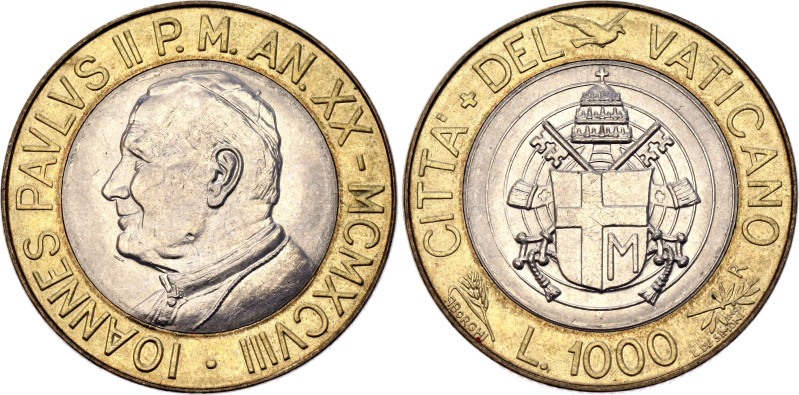 Vatican 1000 Lire 1998 (XX)

KM# 299, N# 10051; Bimetallic; John Paul II; Rome...