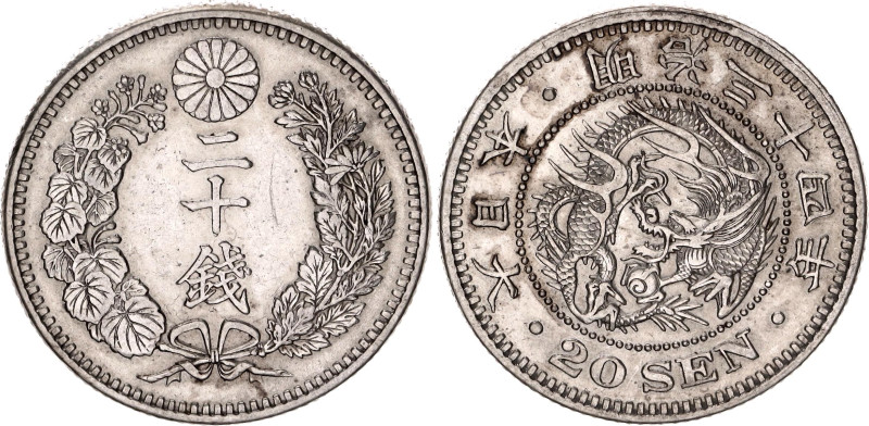 Japan 20 Sen 1901 (34)

Y# 24, N# 10945; Silver 5.37 g.; Meiji (Mutsuhito); XF...