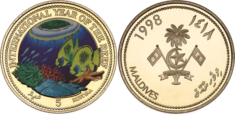 Maldives 5 Rufiyaa 1998 AH 1418

KM# 100, N# 117182; Copper-nickel., Proof; In...