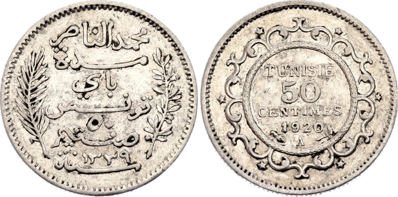 Tunisia 50 Centimes 1920 A AH 1339

KM# 237, N# 11222; Silver 2.50 g.; Muhamma...