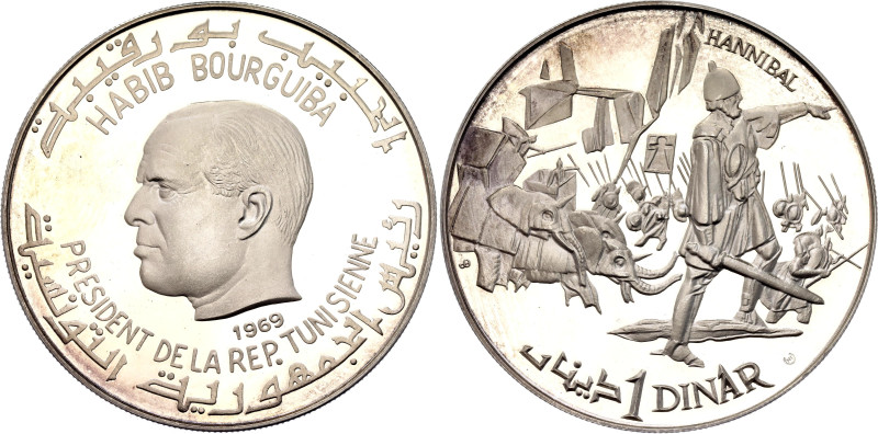 Tunisia 1 Dinar 1969 FM NI

KM# 292, N# 35746; Silver 19.95 g., Proof; History...