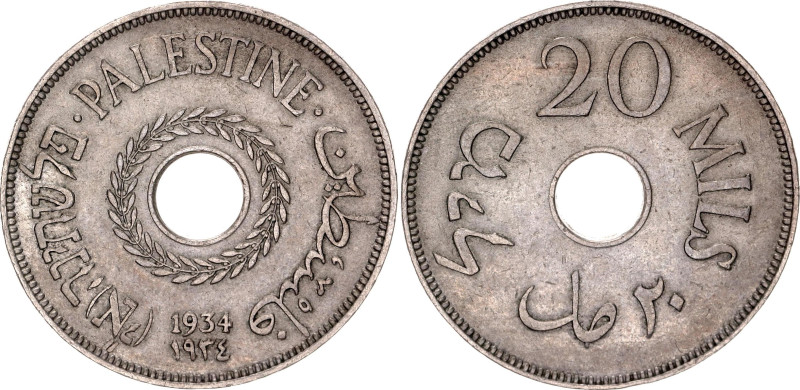 Palestine 20 Mils 1934

KM# 5, Aharoni# 5, N# 9789; Copper-nickel; London Mint...