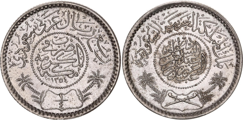 Saudi Arabia 1/4 Riyal 1935 AH 1354

KM# 16, N# 19933; Silver 3.10 g.; Abdulaz...