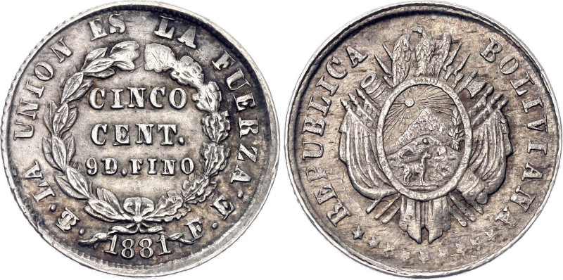 Bolivia 5 Centavos 1881 PTS FE

KM# 157.1, Schön# 1, N# 4315; Silver 1.20 g.; ...