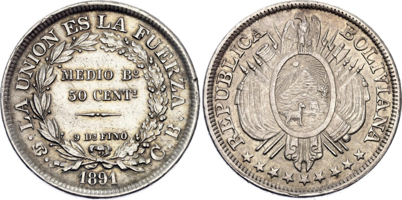 Bolivia 50 Centavos 1891 PTS CB

KM# 161.5, N# 26167; Type: Lettering without ...