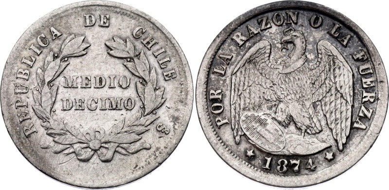 Chile 1/2 Decimo 1874 So

KM# 137.2, N# 35385; Silver; XF