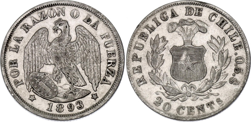 Chile 20 Centavos 1893 So

KM# 138.4, N# 27165; Type: Dash below "S" in "CENTs...