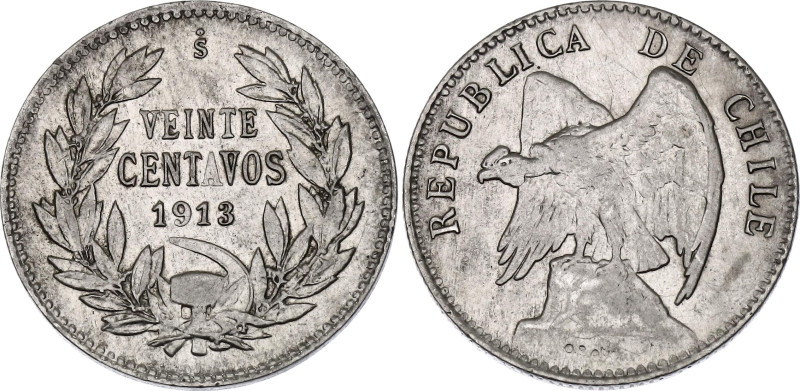 Chile 20 Centavos 1913 So

KM# 151.3, N# 6920; Silver 3.00 g.; UNC with full m...