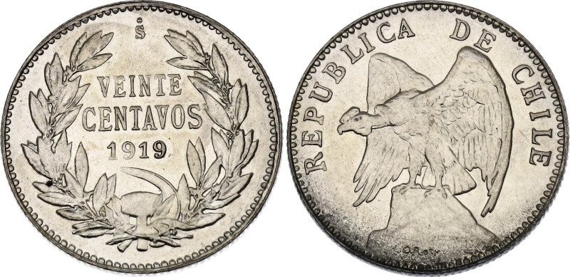 Chile 20 Centavos 1919 So

KM# 151.3, N# 6920; Silver 3.00 g.; UNC with full m...