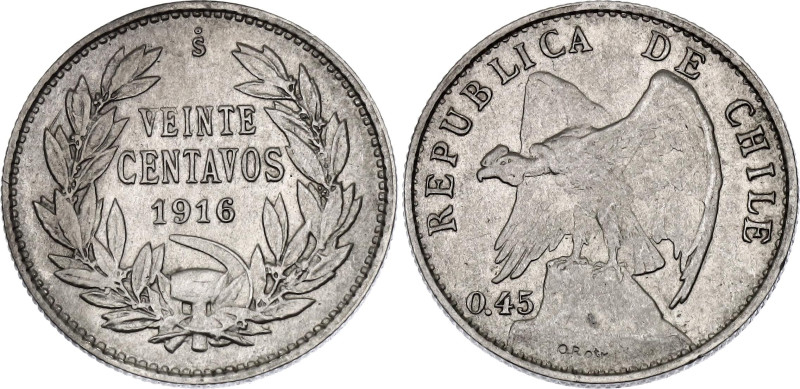 Chile 20 Centavos 1916 So

KM# 151.4, N# 16106; Silver 3.00 g.; UNC with full ...