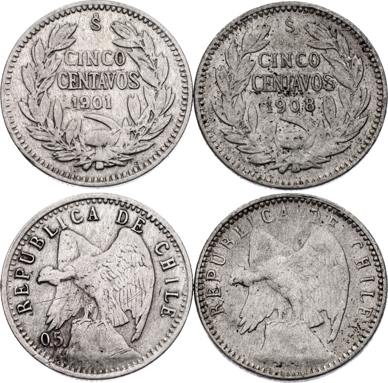 Chile 2 x 5 Centavos 1901 - 1908 So

KM# 155.2, N# 16034; Silver; XF